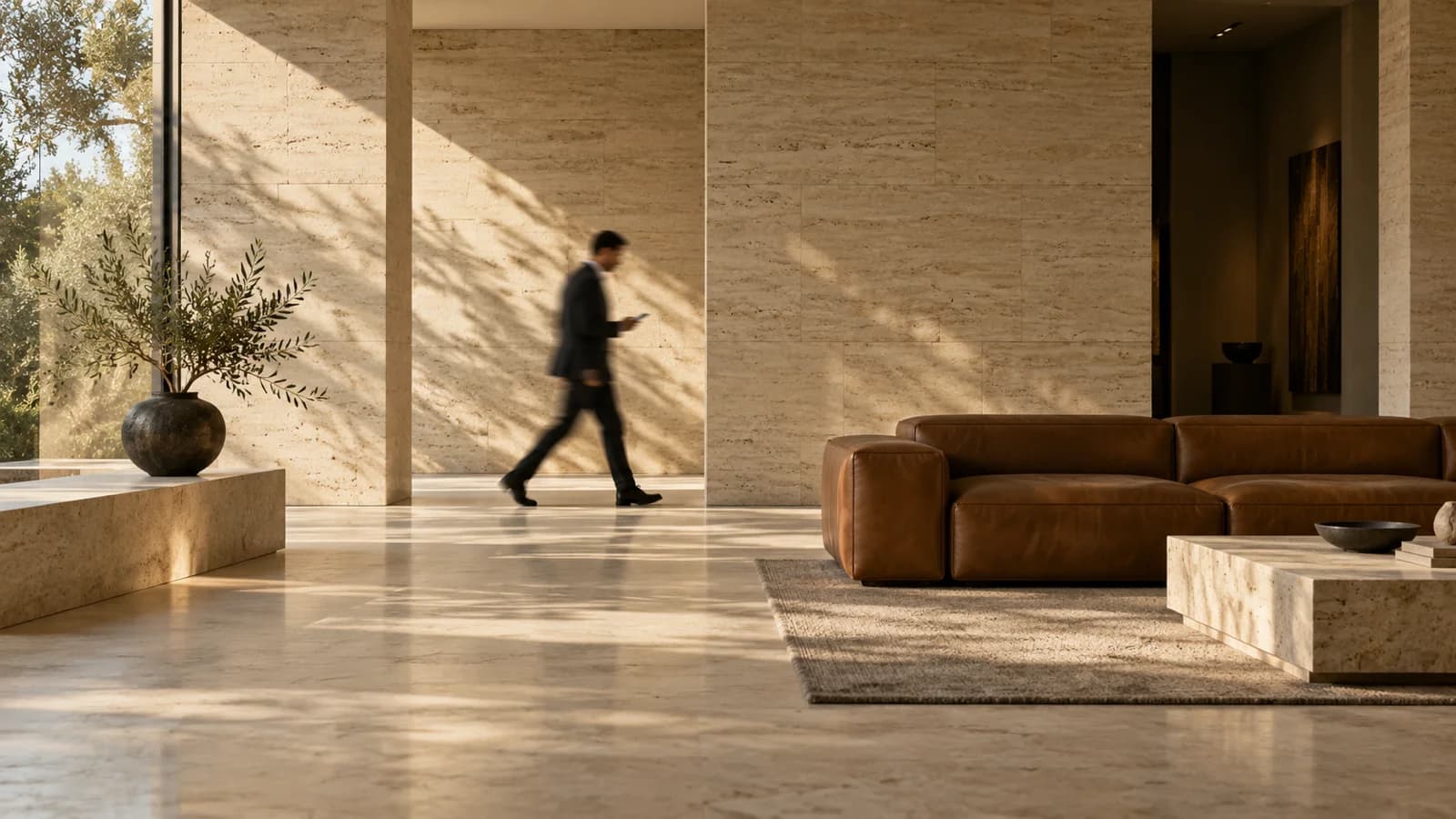 Seorang eksekutif berjalan samar di lounge travertine yang terang, memegang ponsel di samping sofa kulit.