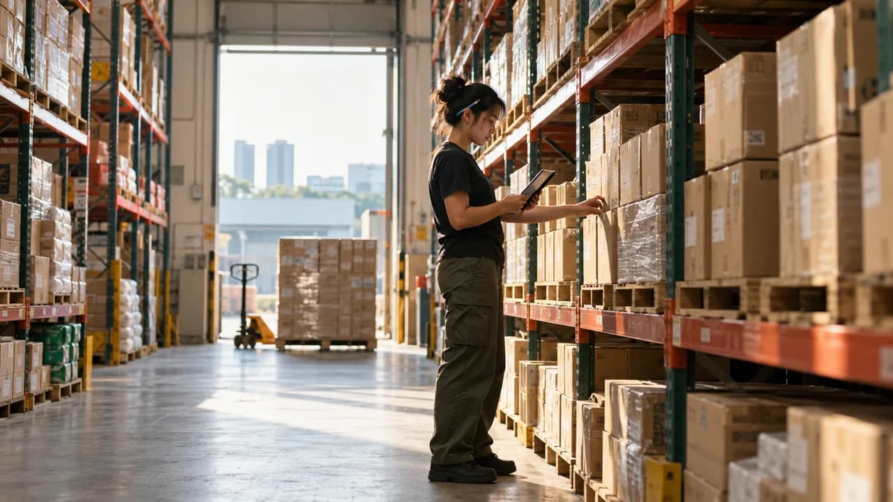 A storekeeper checks stock on warehouse shelves against a tablet in one hand.