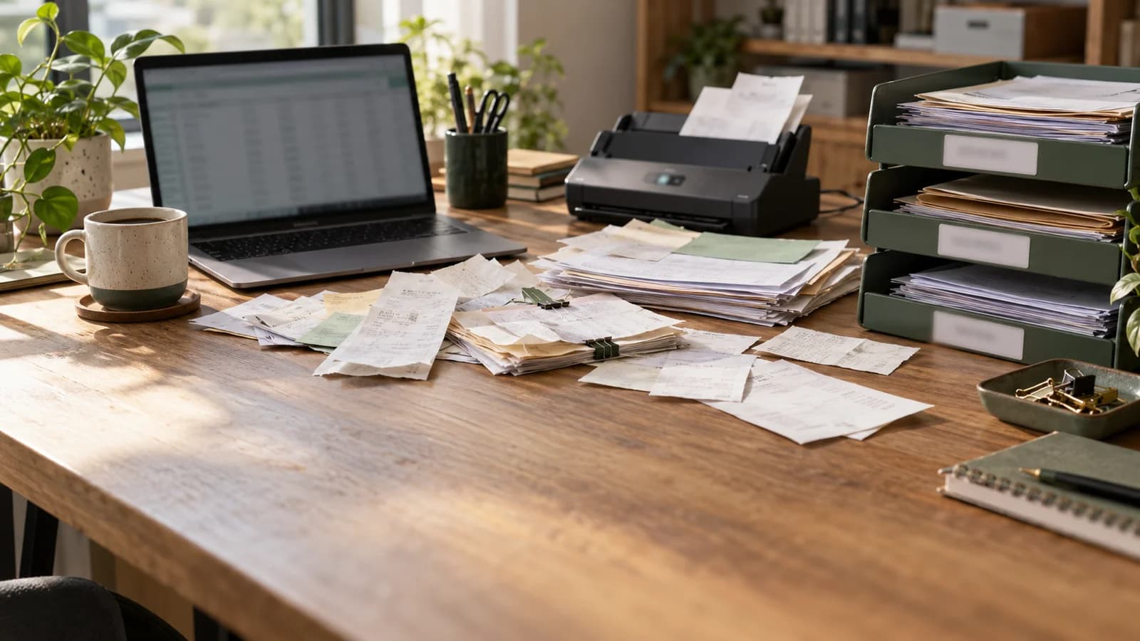 A desk mid-clean-up: receipts and invoices being sorted into trays beside a laptop spreadsheet and a document scanner.