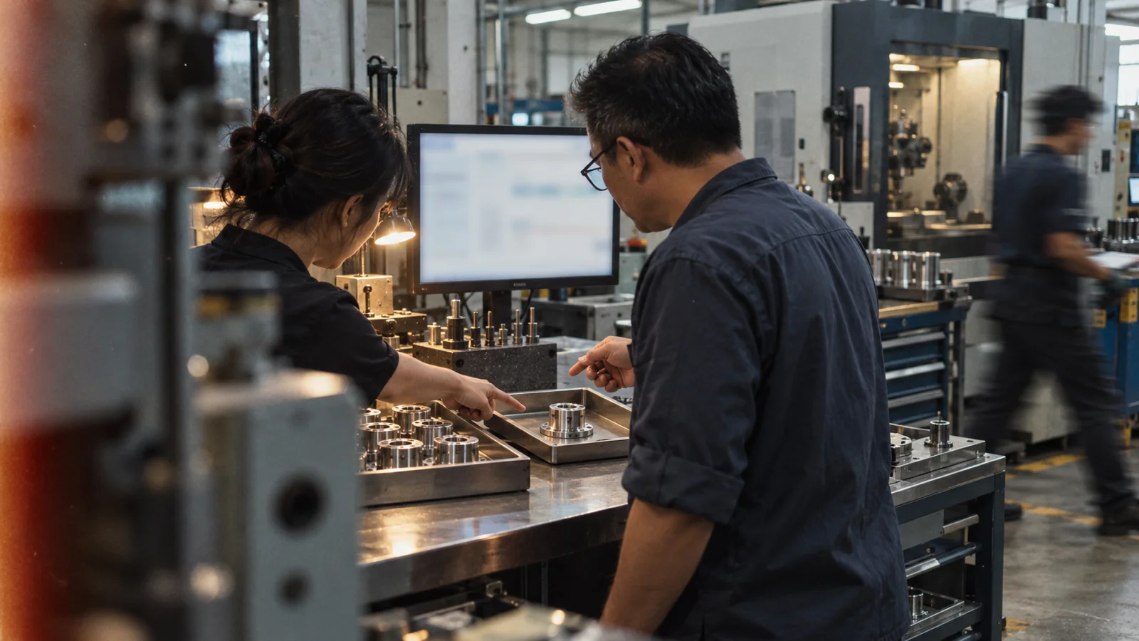 Two workshop colleagues inspect a separated metal part while a machinist passes behind them.