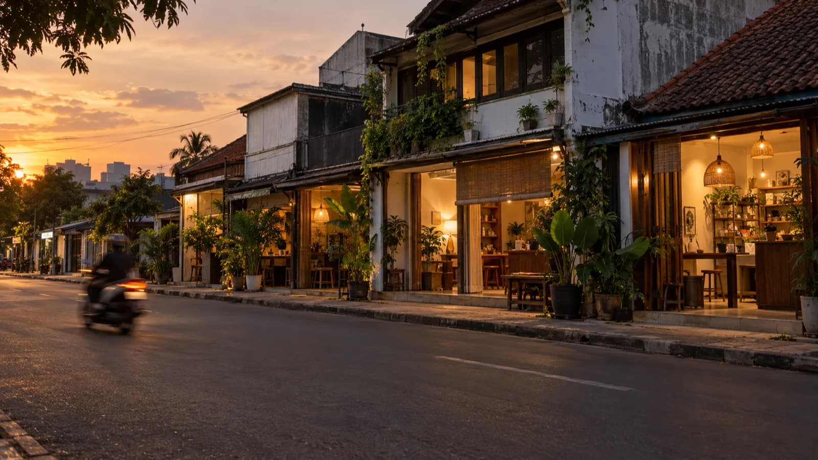 Warm-lit Jakarta shophouses line a quiet street at dusk as a scooter passes in motion blur.