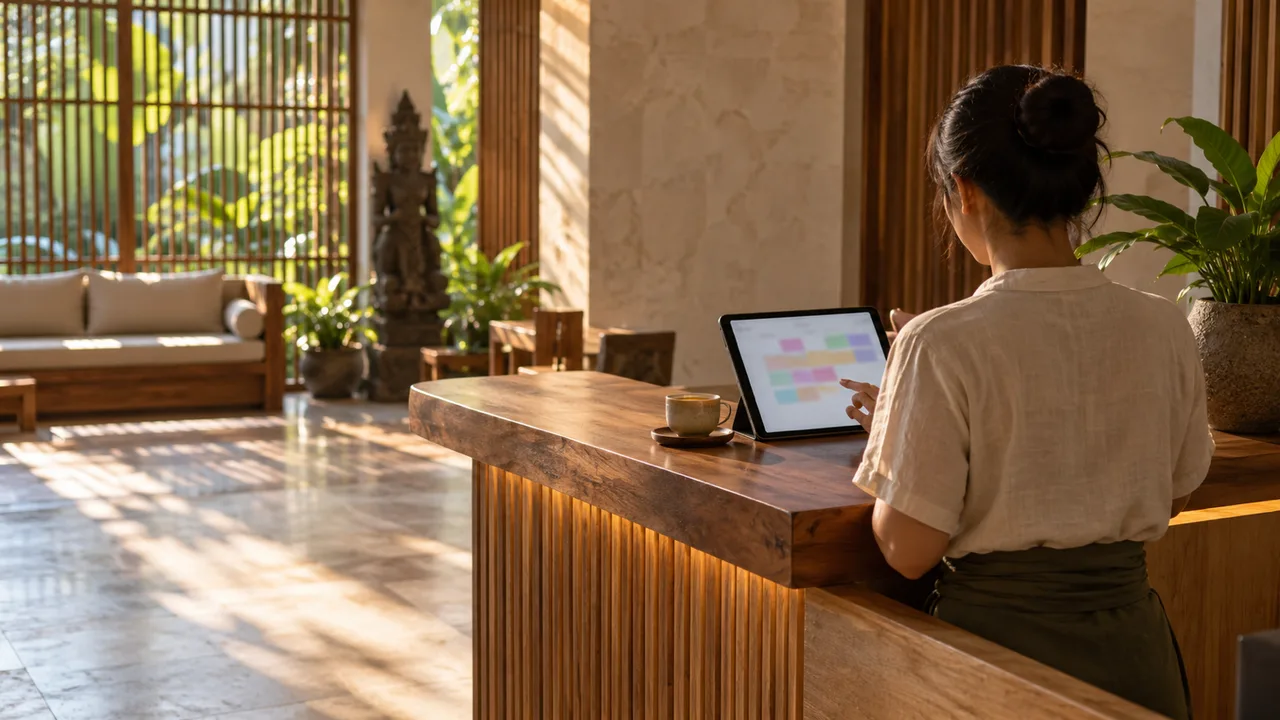 Staf front desk mengecek kalender di tablet yang sudah terisi booking di meja kayu klinik.