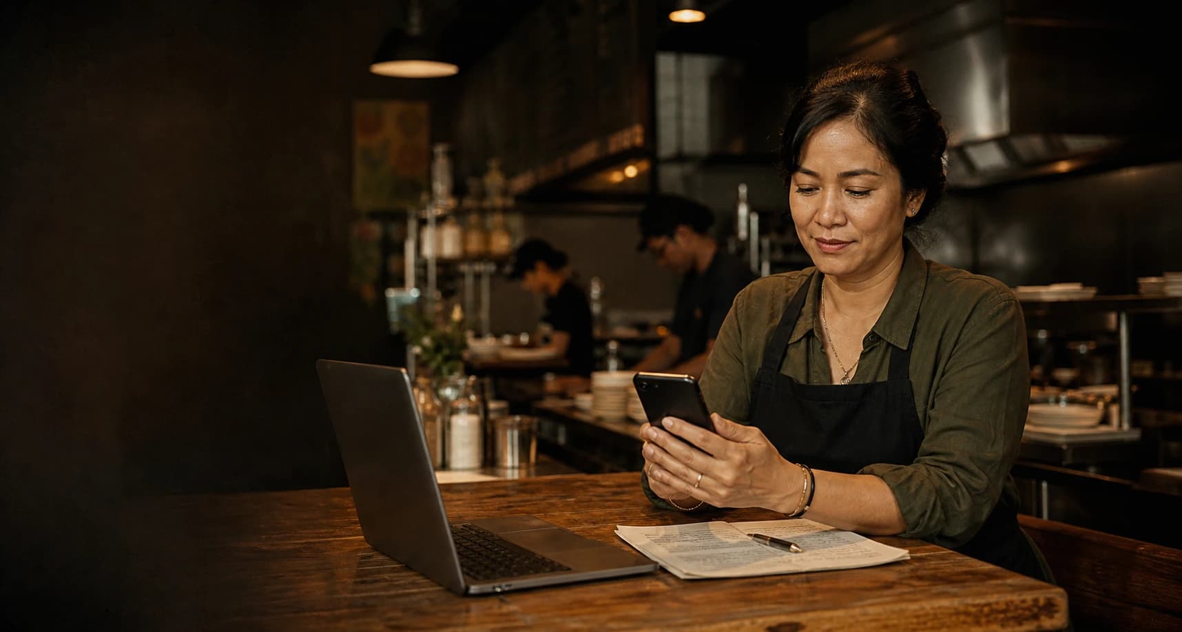 A business owner reviewing operations from her phone