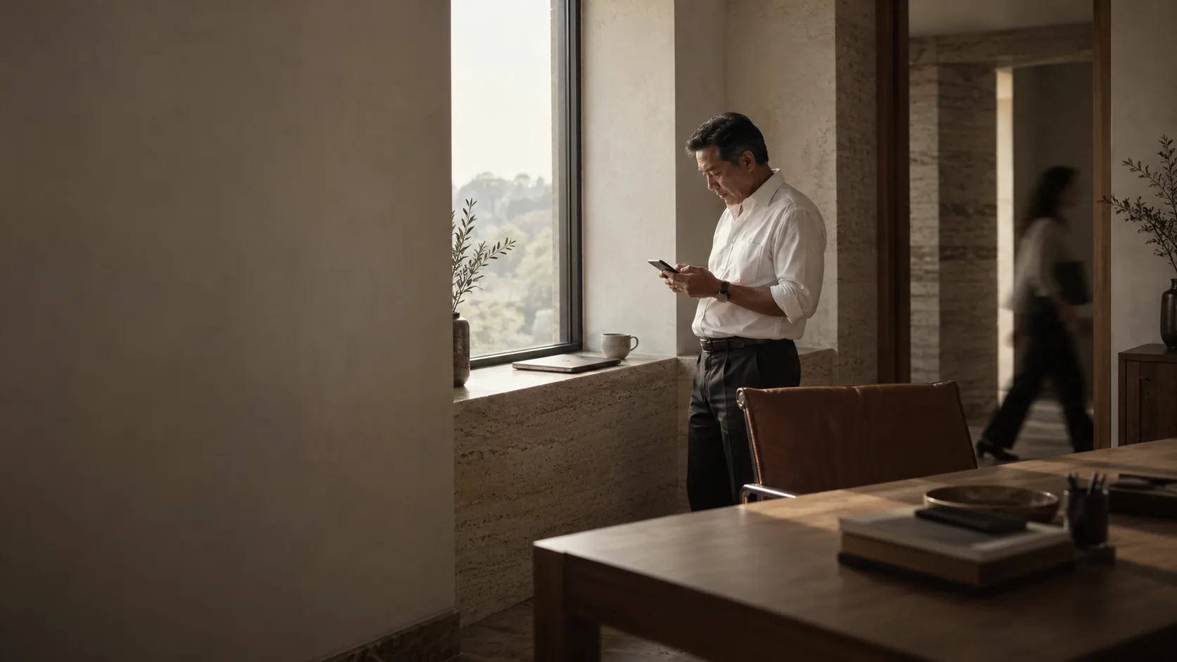 An executive reading on his phone by a window in a quiet office
