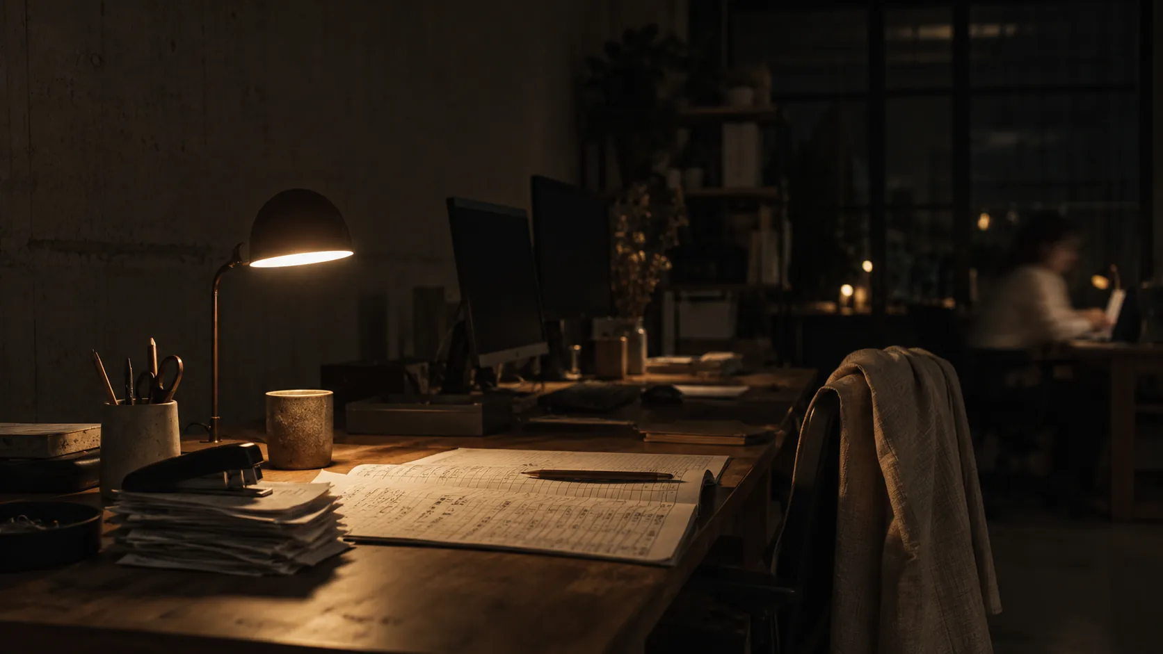 A ledger open on a desk under a lamp, long after the office has emptied