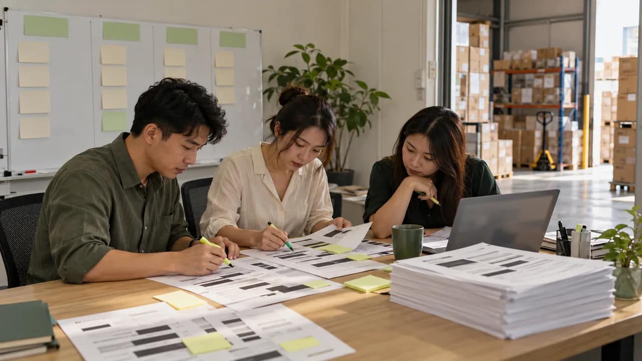 Three staff review printed, redacted chat conversations with highlighters at a table in a distributor's office.
