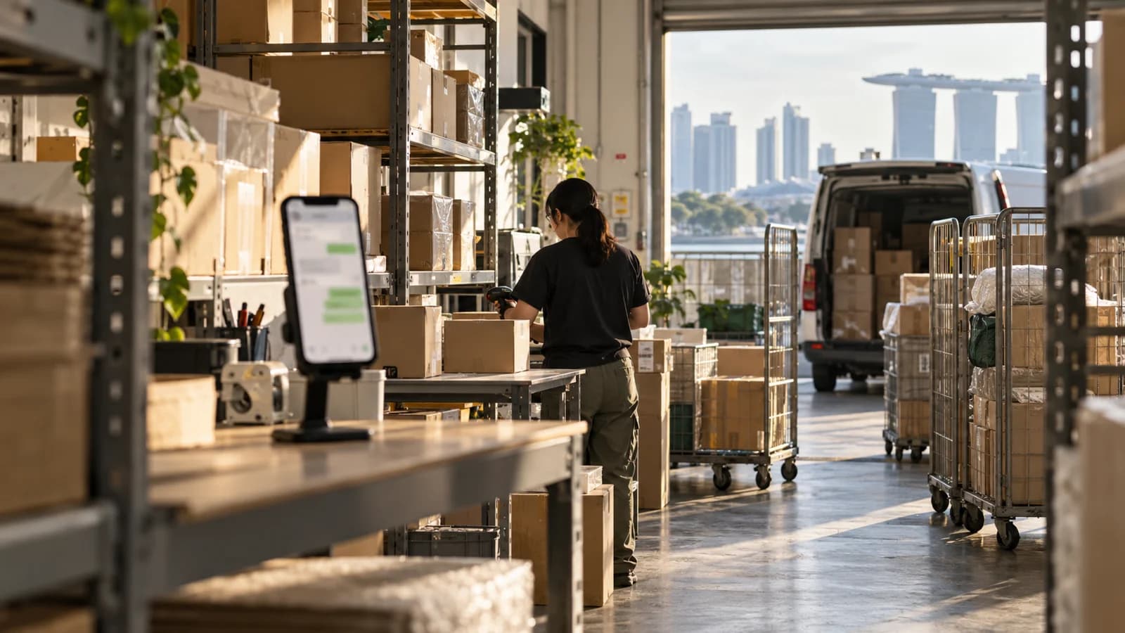 A distributor scans parcels beside a blurred messaging screen in a sunlit Singapore dispatch bay.