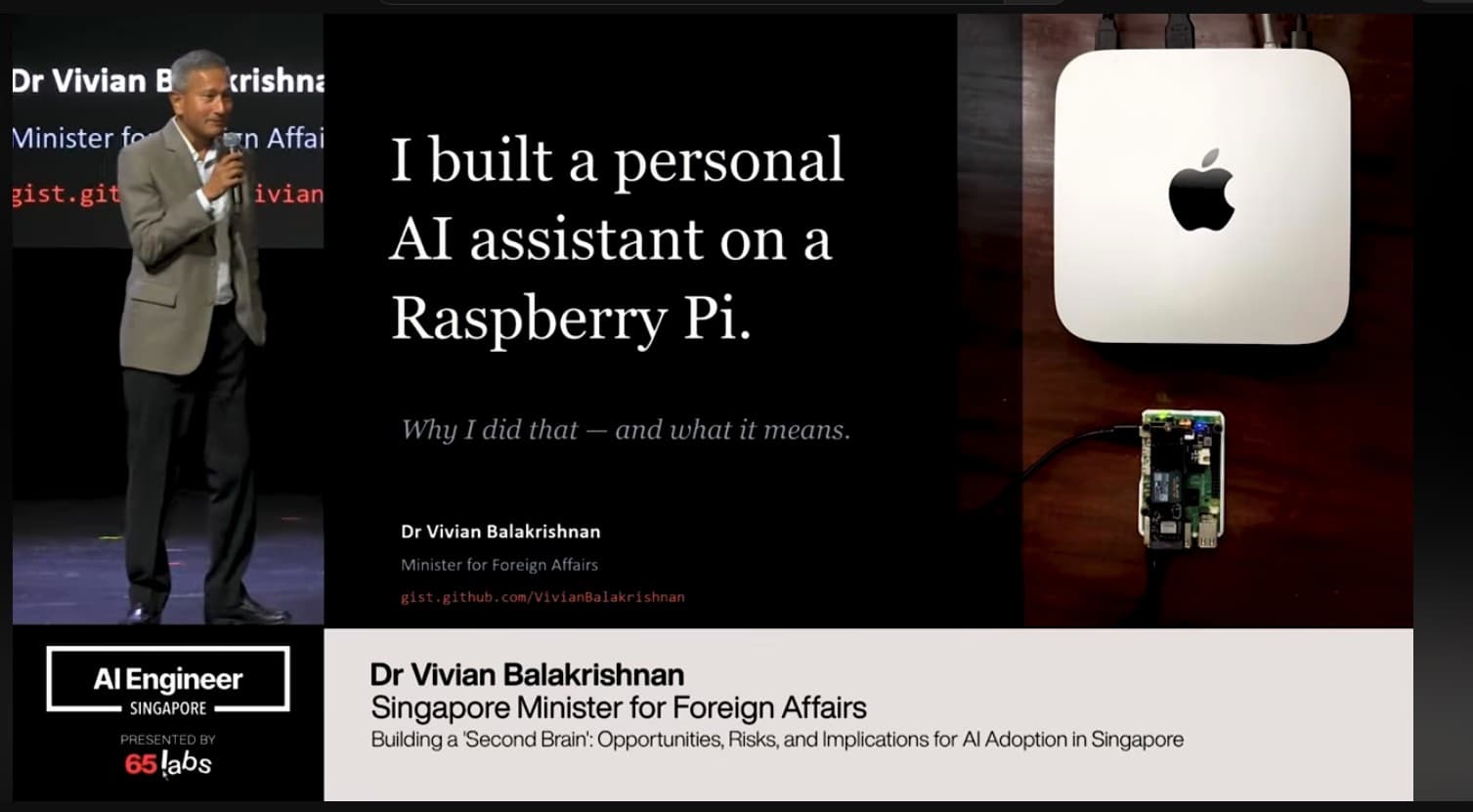 Dr. Vivian Balakrishnan presenting his personal AI assistant at AI Engineer Singapore