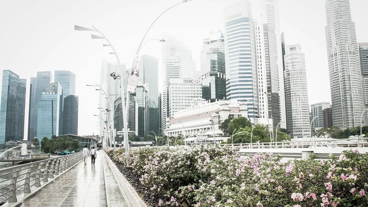 Dua orang berjalan di Jubilee Bridge menuju gedung-gedung CBD Singapura, dengan bugenvil di sepanjang pagar pada hari mendung.