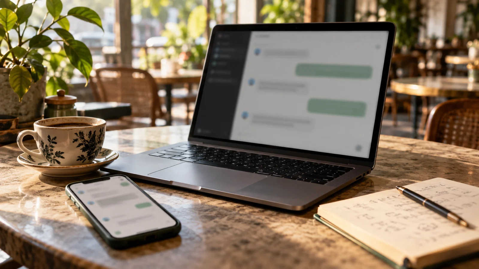 A laptop with an AI chat conversation on a café table, a phone, a cup of coffee and handwritten notes beside it.
