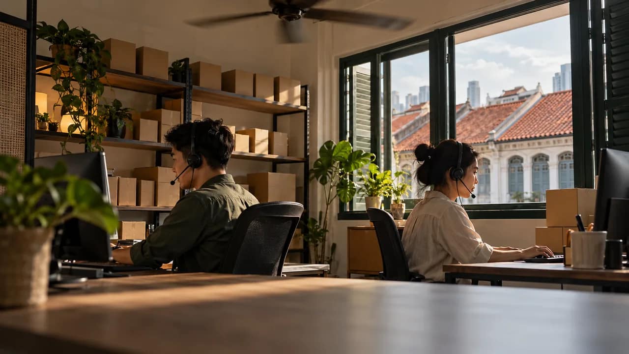 Two support staff with headsets work at monitors in a shophouse office lined with boxed products.