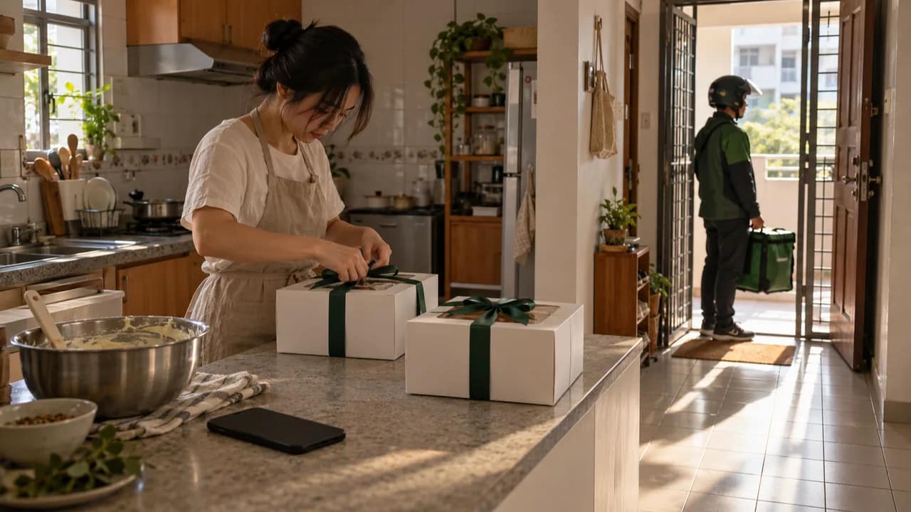 A home baker ties a cake box ribbon while a delivery rider waits at the open front door.