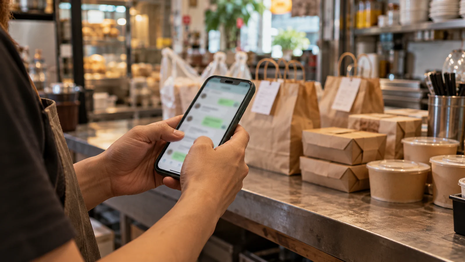 A shop owner's hands replying to a customer chat on a phone behind a counter of packed orders ready for pickup.
