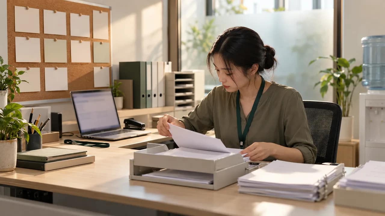 Admin HR grup klinik memilah formulir cuti ke dalam rak di samping laptop dan jadwal staf yang ditempel.