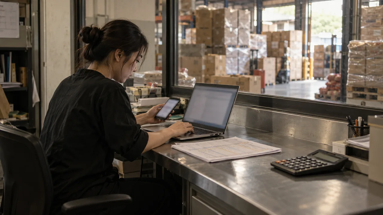 A wholesaler's sales coordinator types details from a phone into a laptop in a warehouse office.