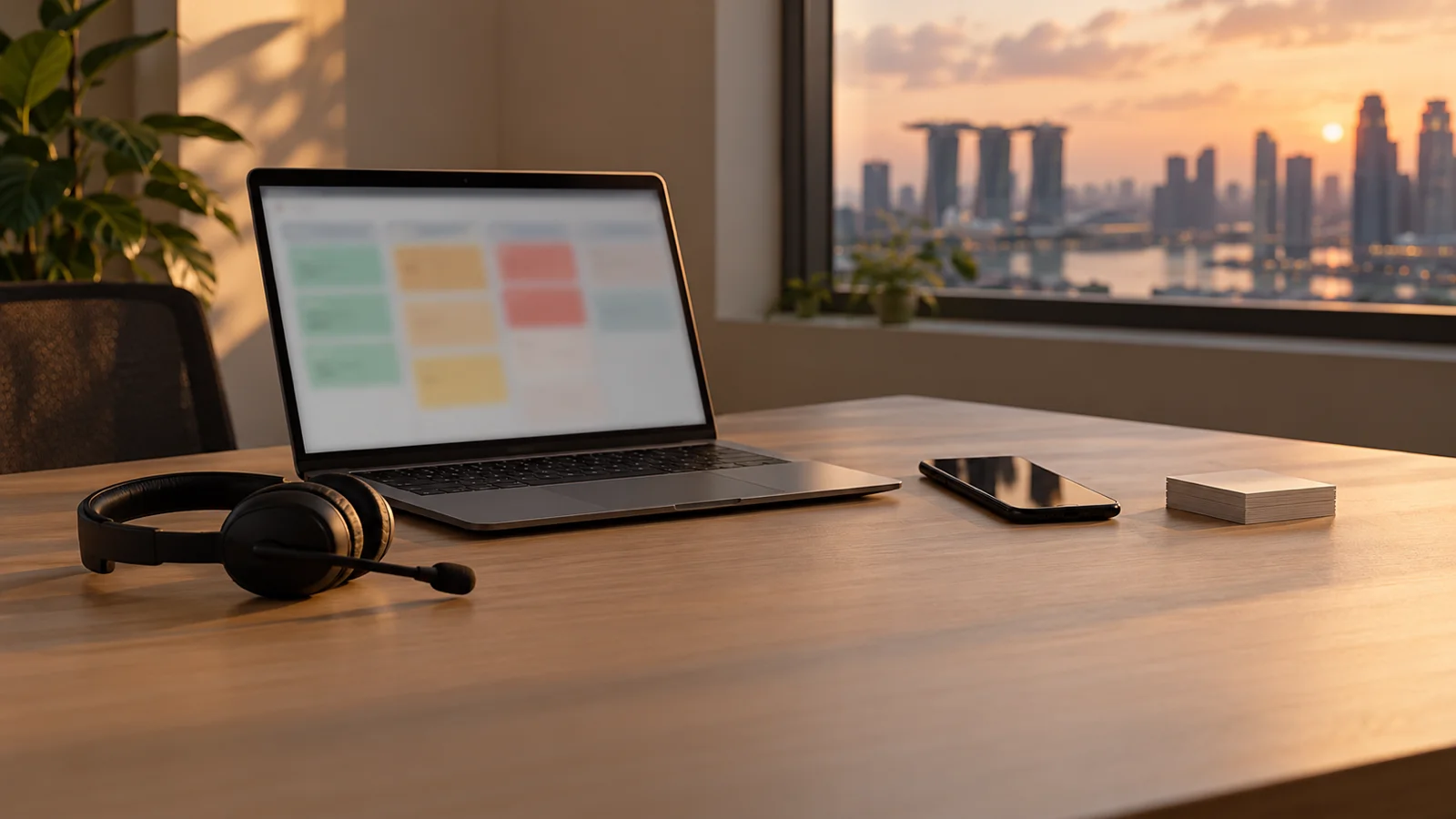A sales desk with a laptop showing a pipeline board of deal cards, a headset and a phone, the Singapore skyline outside.