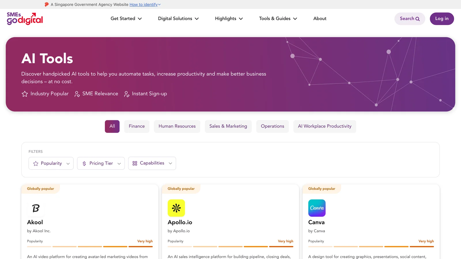 IMDA's AI Tools page on SMEs Go Digital, with filters for Finance, HR, Sales & Marketing, Operations and AI Workplace Productivity.