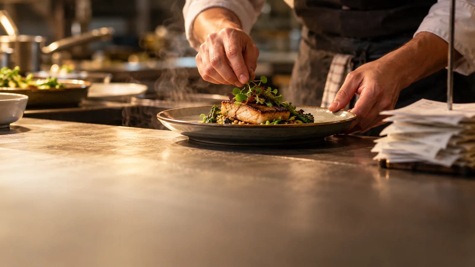 Hands plate a steaming dish beside stacked order tickets at a warmly lit restaurant pass.