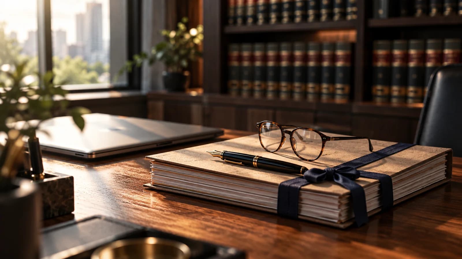 A bound case file tied with ribbon, a fountain pen and reading glasses on a sunlit wooden desk, law reports on the shelves behind.