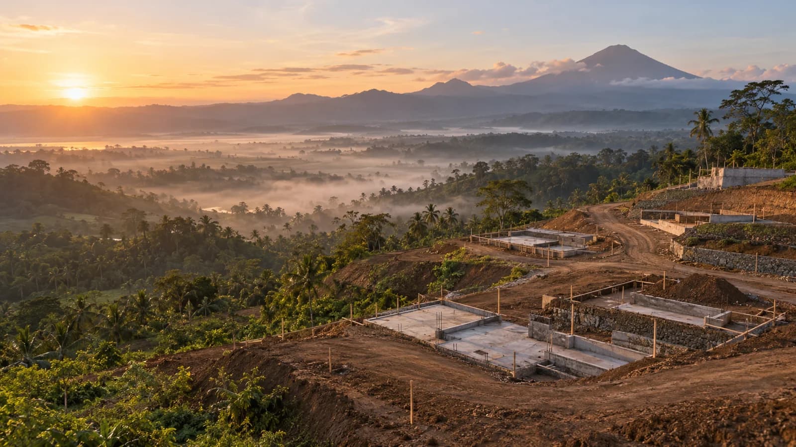 Cahaya fajar menyinari fondasi baru dan patok survei di atas lembah Bali yang berkabut.