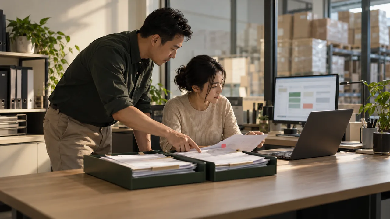 Two finance staff review an invoice exception beside organised document trays in a Singapore wholesaler's back office.