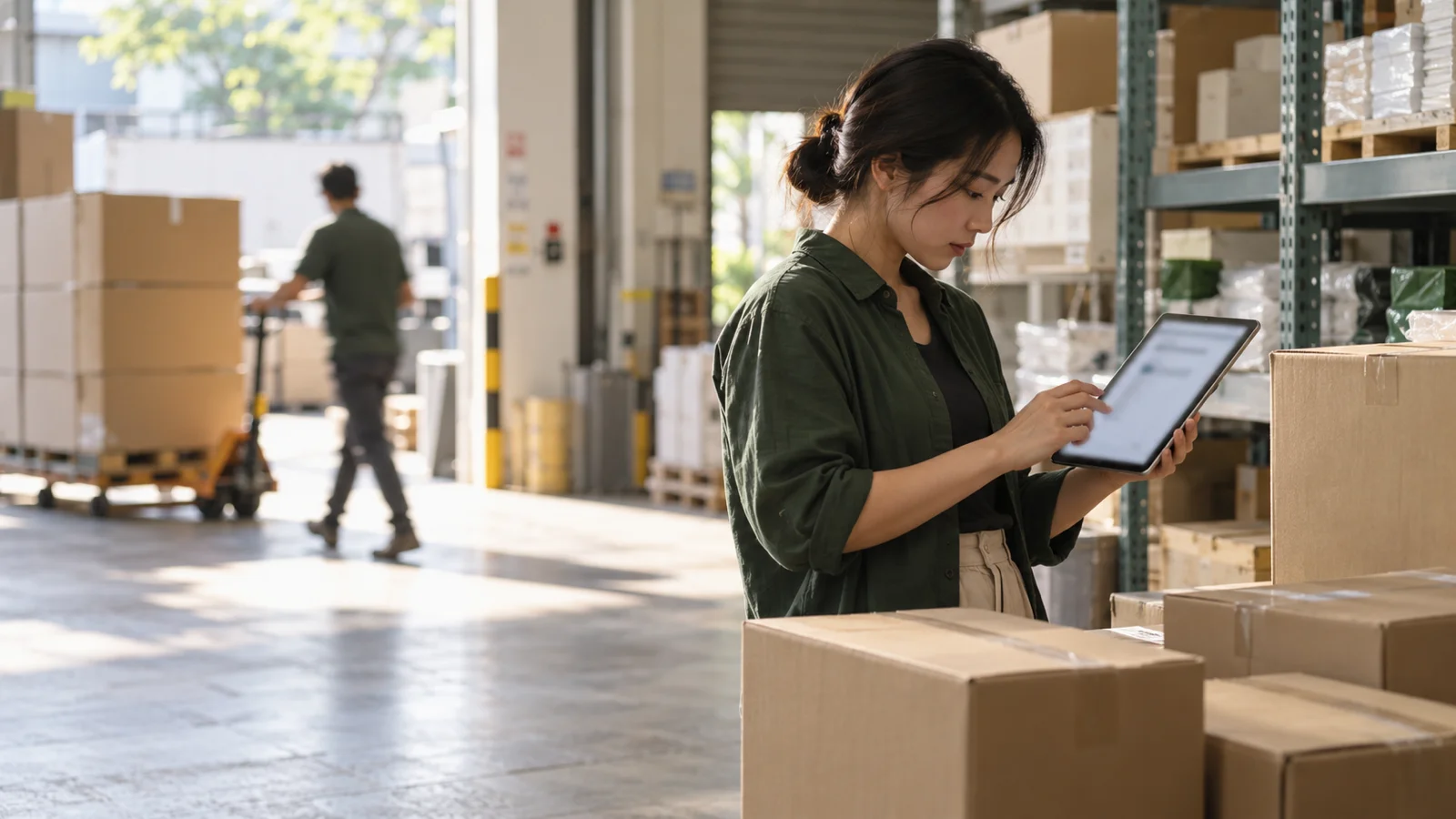 An accounts clerk checks a digital invoice beside cartons in a wholesaler's goods-receiving area.
