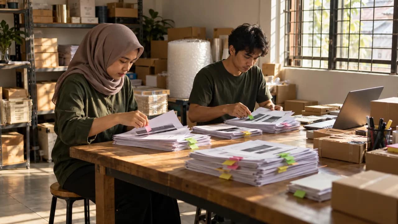 Dua staf toko online memilah cetakan transkrip chat yang disamarkan dengan penanda warna di meja kerja.