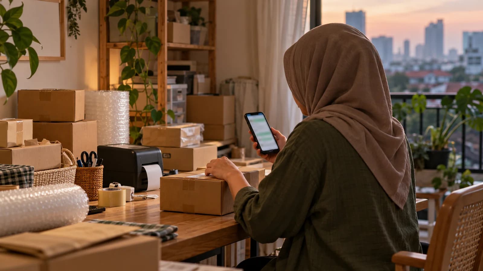 Pemilik toko online di Jakarta membalas pelanggan di WhatsApp sambil mengemas pesanan di samping printer label.