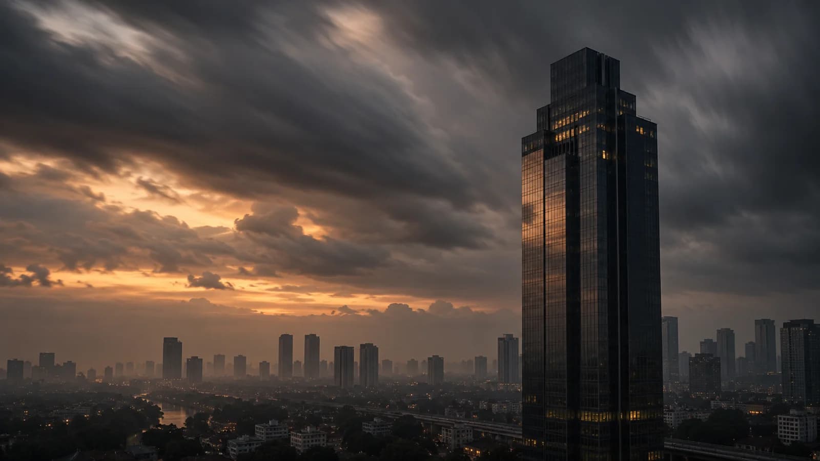 Menara perkantoran Jakarta di bawah awan monsun, dengan beberapa jendela lantai atas menyala saat senja.