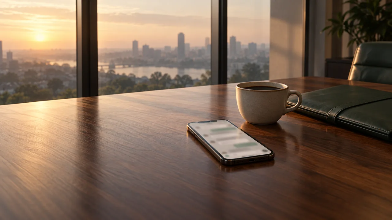 Ponsel dengan chat yang menyala lembut di samping kopi dan map kulit di meja kantor saat fajar.