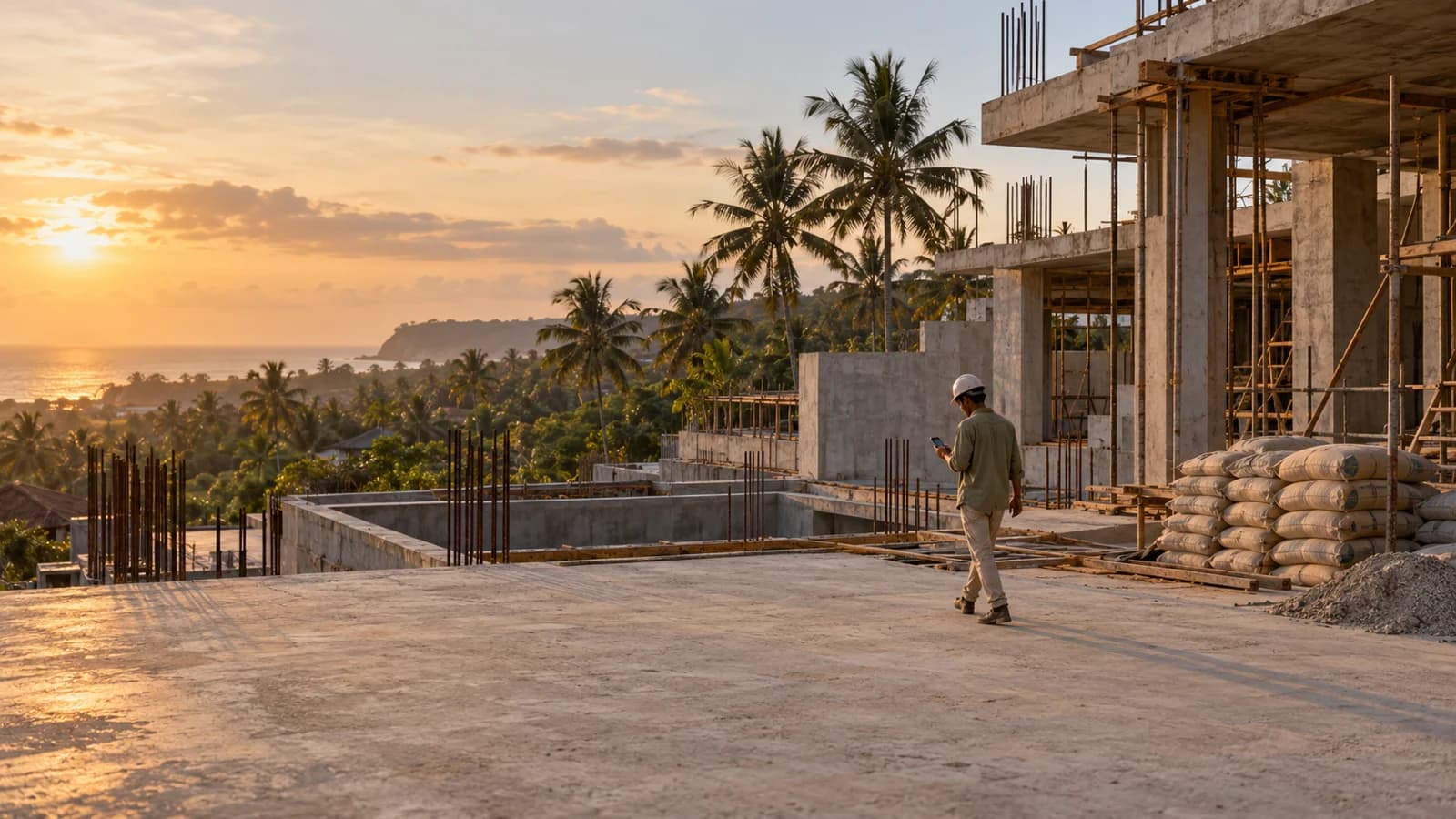 Pengawas proyek mengecek ponsel di antara besi dan karung pasir di lokasi pembangunan vila Bali saat senja.