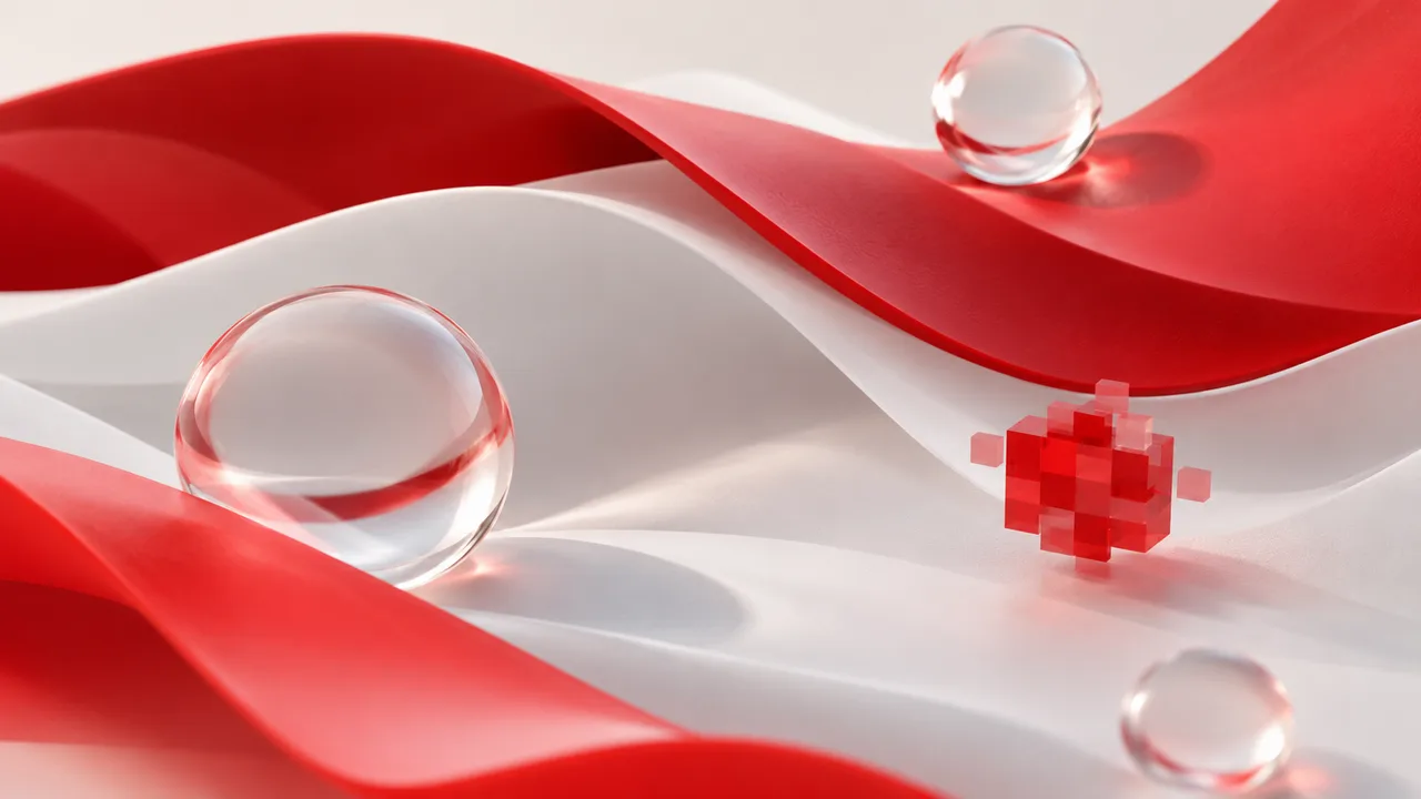 Red and white layered forms in Google DeepMind's artwork for its Singapore on-device scam detector announcement.