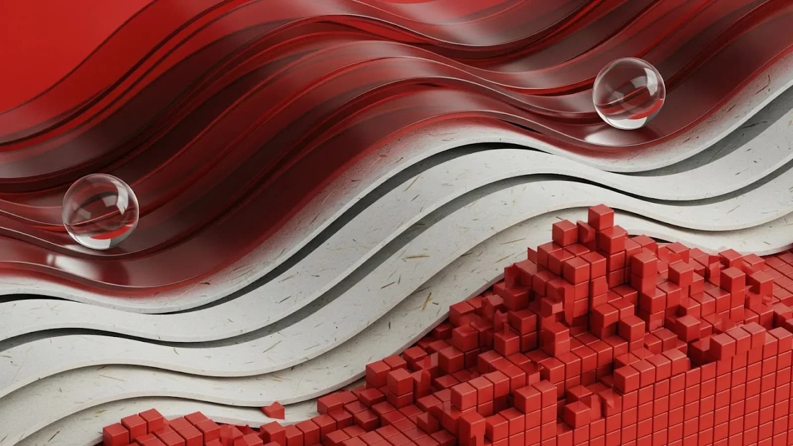 Google DeepMind artwork for its Singapore scam-detection model: red and white waves with glass spheres and red blocks.