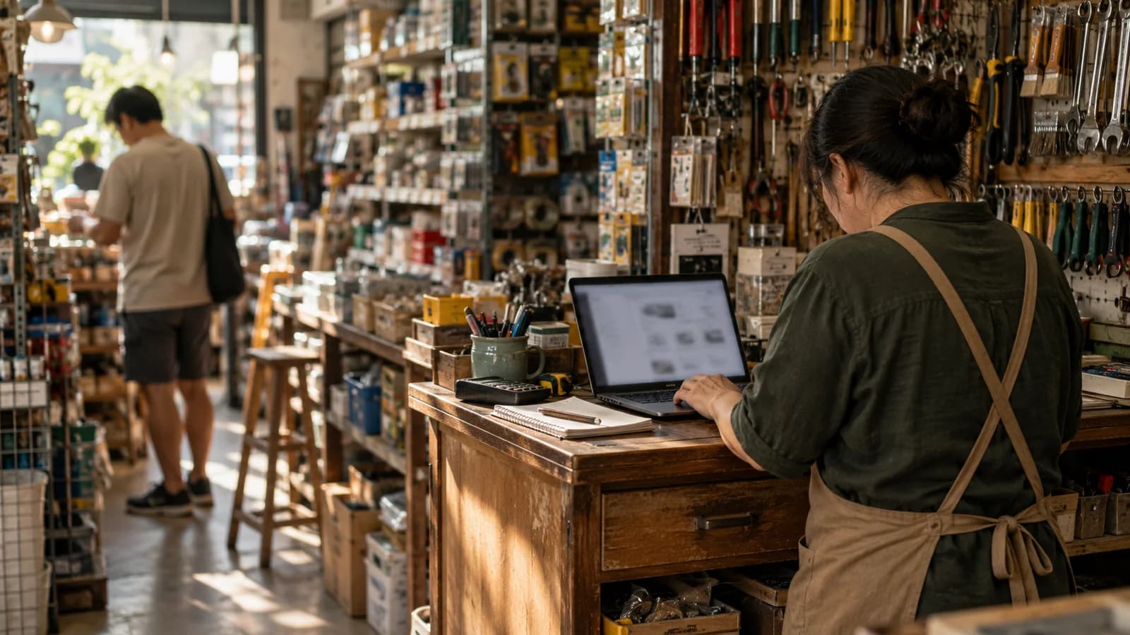 Pemilik toko perkakas memakai tool AI di laptop di meja kasir sementara pelanggan melihat-lihat rak.