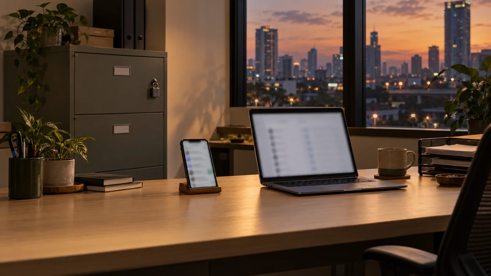 Meja kantor saat senja dengan chat pelanggan di ponsel, daftar pelanggan di laptop, dan lemari arsip terkunci.