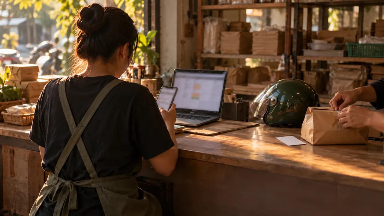 An operations team checks a WhatsApp order beside payment records and a parcel ready for delivery.