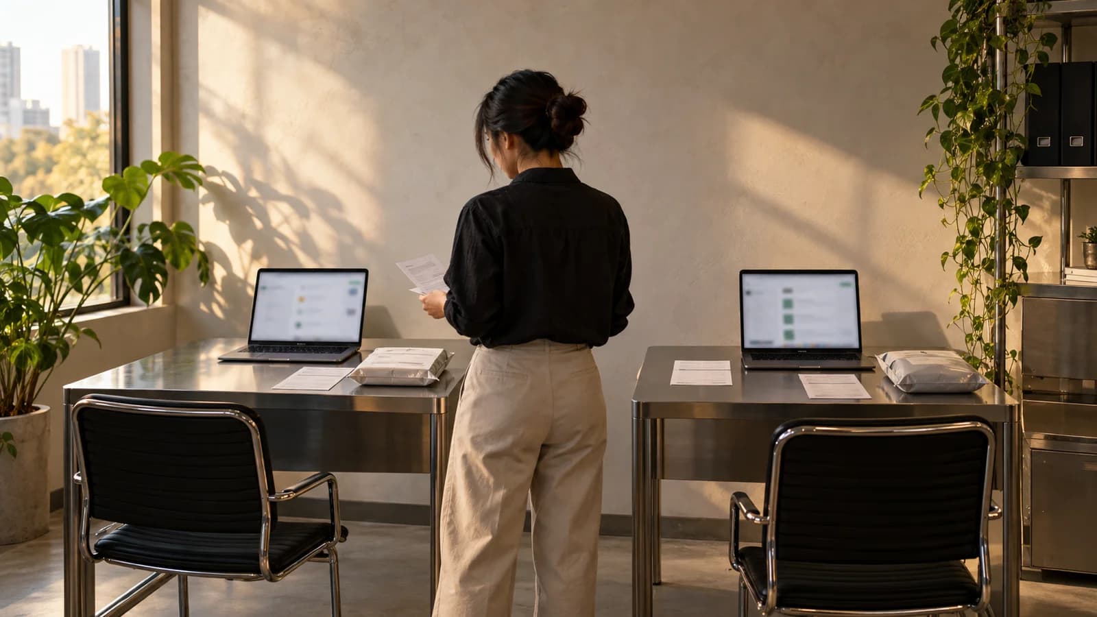An operations manager compares two blurred laptop workflows in a warm SME office.