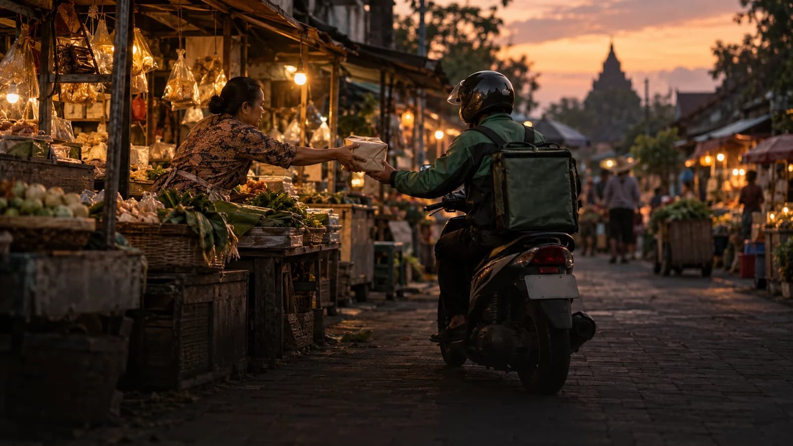 A market vendor hands a wrapped parcel to a delivery rider on a scooter at dusk.
