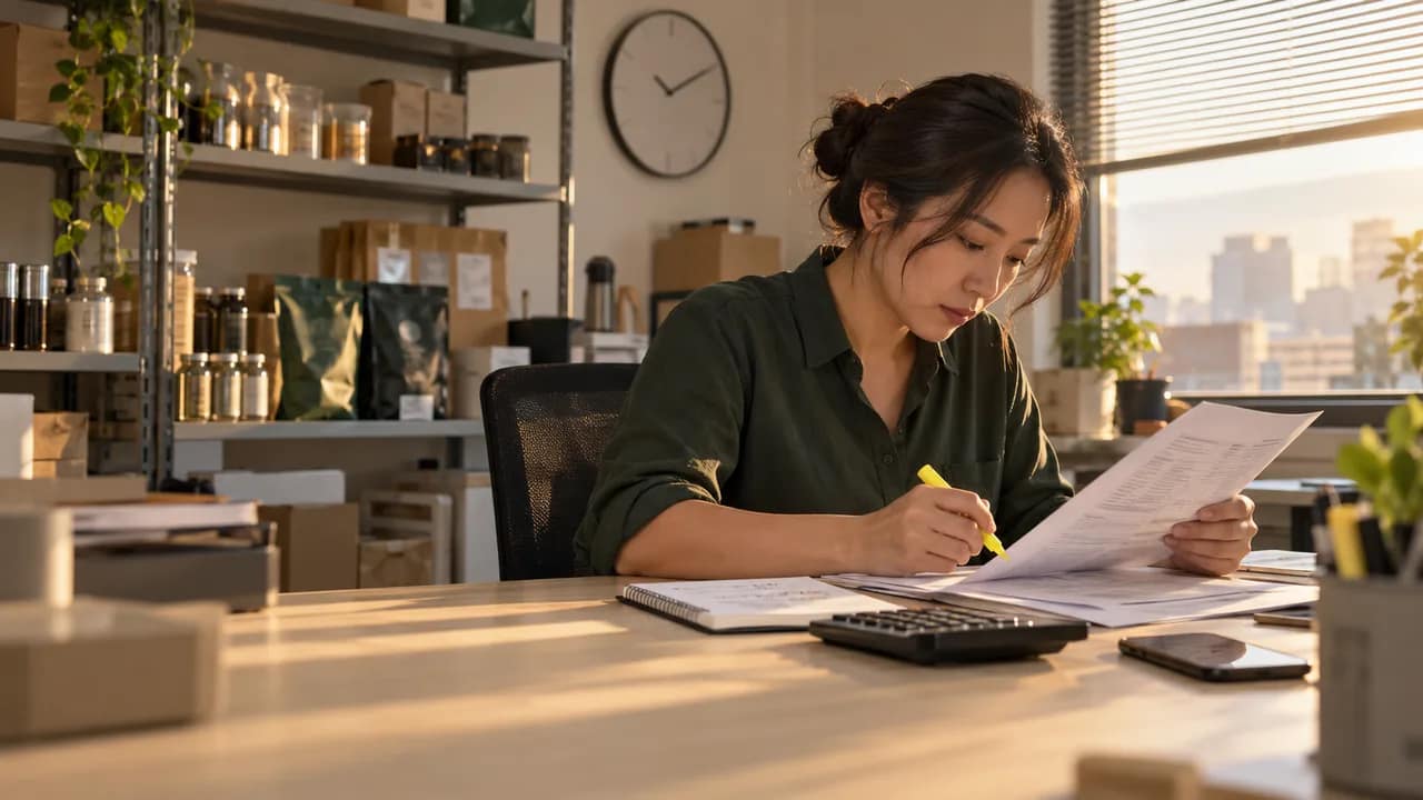 An operations manager reviews a printed monthly bill with a highlighter, calculator and phone on her desk.