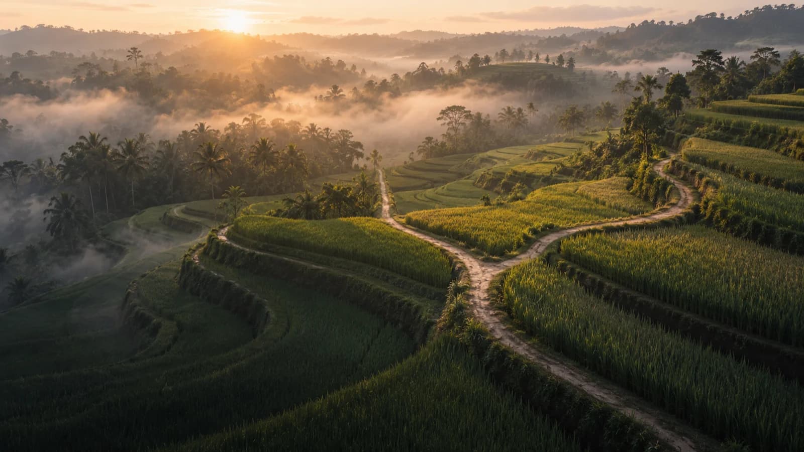 Pemandangan udara sawah terasering Bali berkabut saat fajar, dengan satu jalan setapak bercabang menjadi dua.